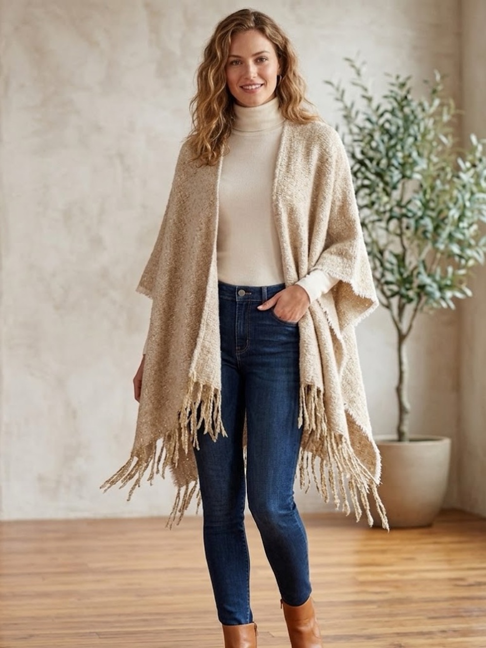 NWOT LC Lauren Conrad Plush Boucle Fringe Wrap in Light Beige with Gold Accents